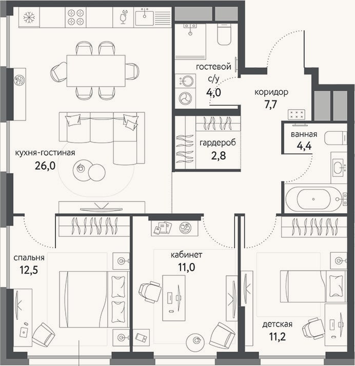 Планировка: 4+ к, 79,6 м²