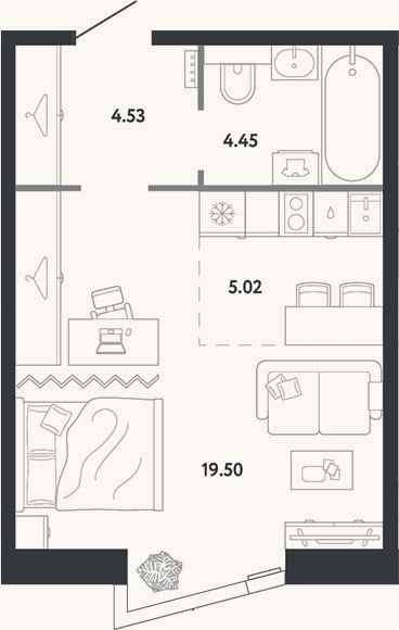 Планировка: Студия, 33,5 м²