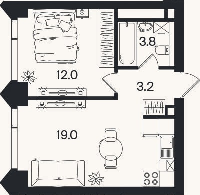 Планировка: 2-к, 38,1 м²