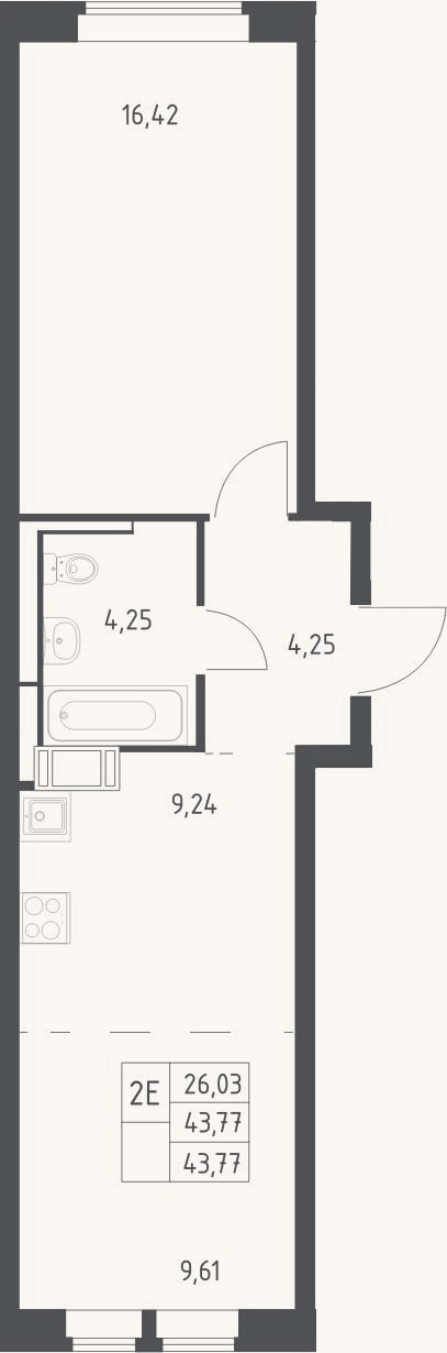 Планировка: 2-к, 43,8 м²