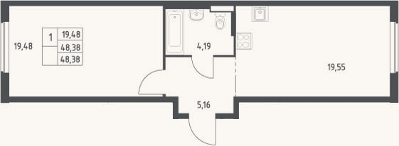 Планировка: 2-к, 48,4 м²