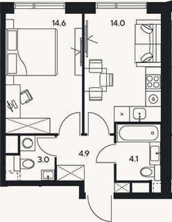 Планировка: 1-к, 40,6 м²