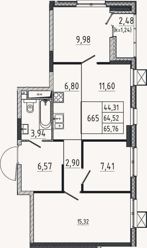 Планировка: 4+ к, 64,5 м²