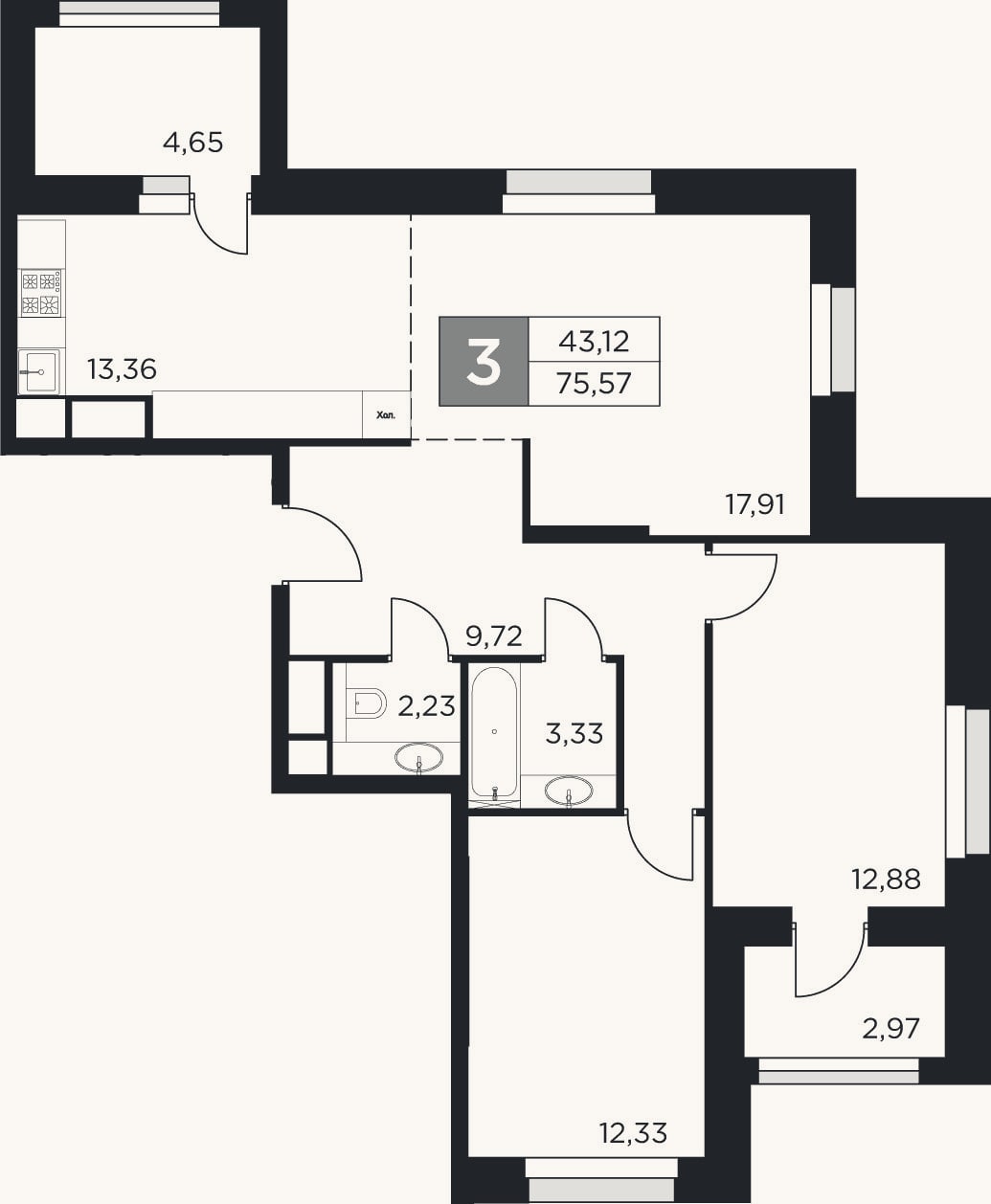 Планировка: 3-к, 71,8 м²