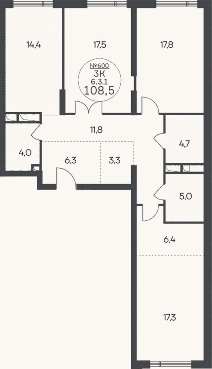 Планировка: 3-к, 108,5 м²