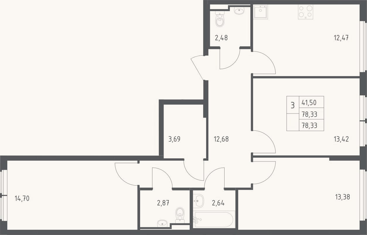 Планировка: 3-к, 78,3 м²