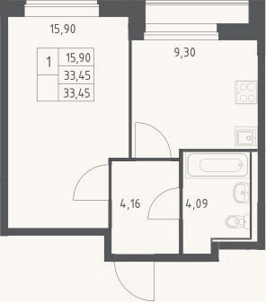 Планировка: 1-к, 33,5 м²