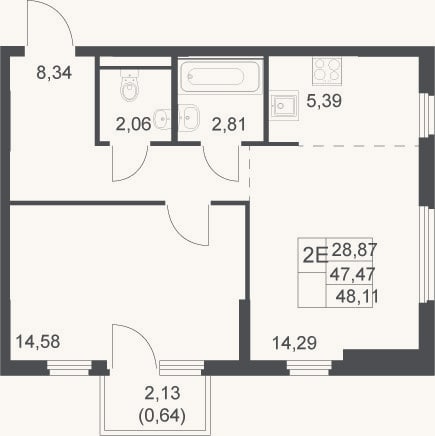 Планировка: 2-к, 47,5 м²