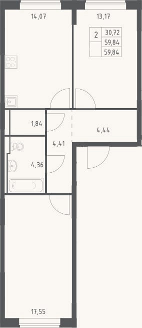 Планировка: 2-к, 59,8 м²