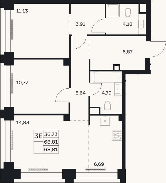 Планировка: 3-к, 68,8 м²