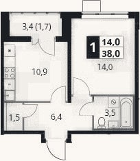 Планировка: 1-к, 36,3 м²