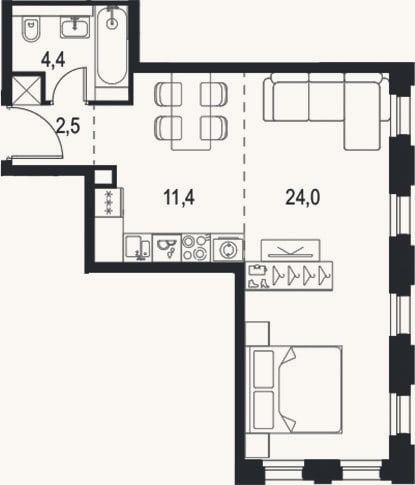 Планировка: 1-к, 42,3 м²
