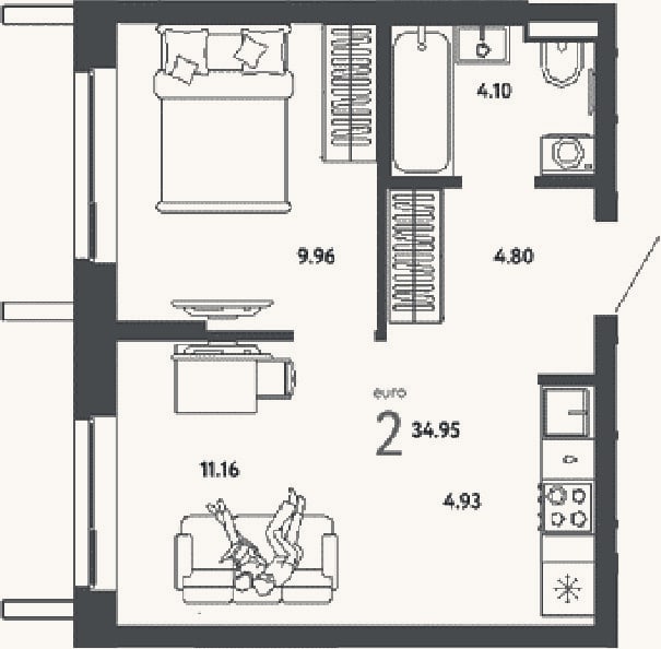Планировка: 2-к, 35 м²