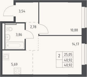 Планировка: 2-к, 40,9 м²