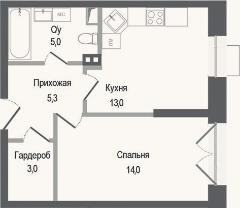 Планировка: 1-к, 40,3 м²