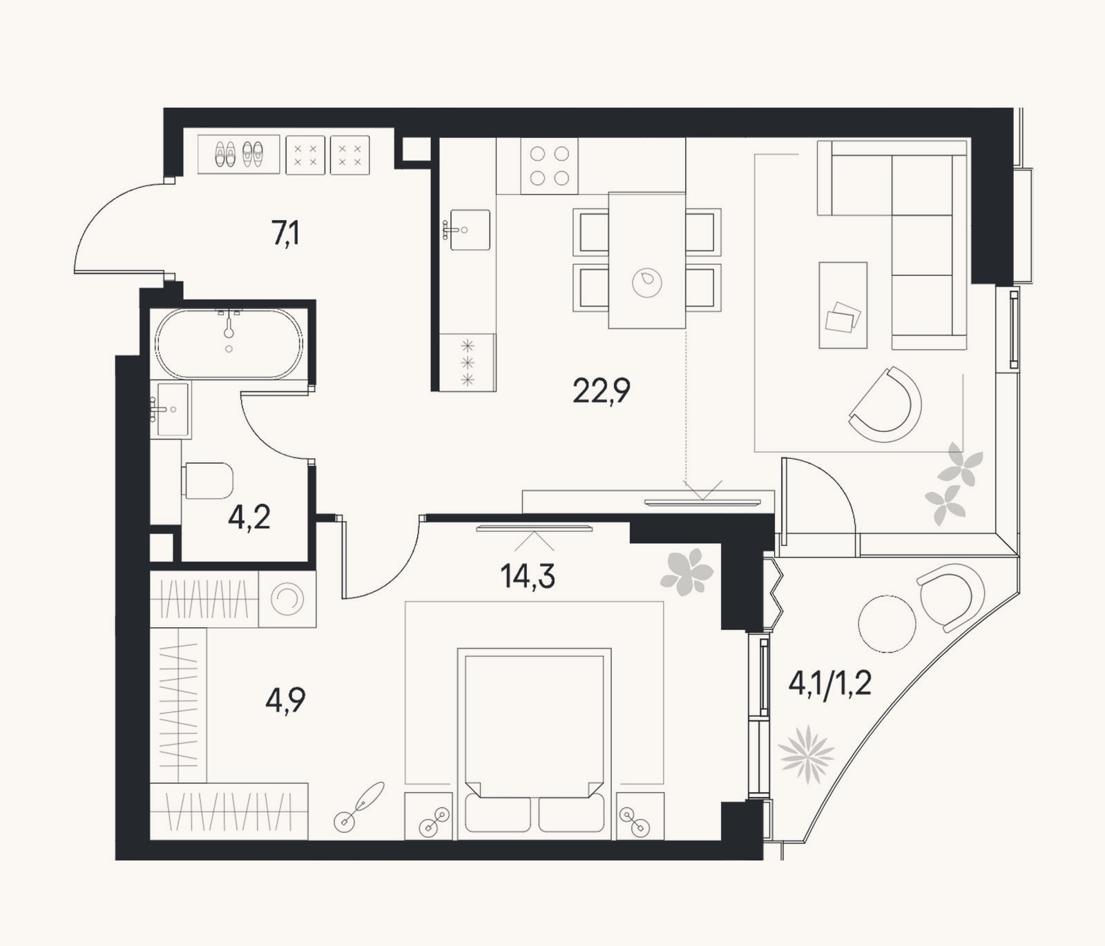 Планировка: 2-к, 53,4 м²