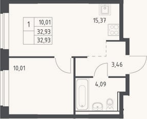 Планировка: 2-к, 32,9 м²