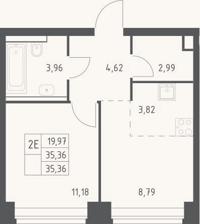 Планировка: 2-к, 35,4 м²