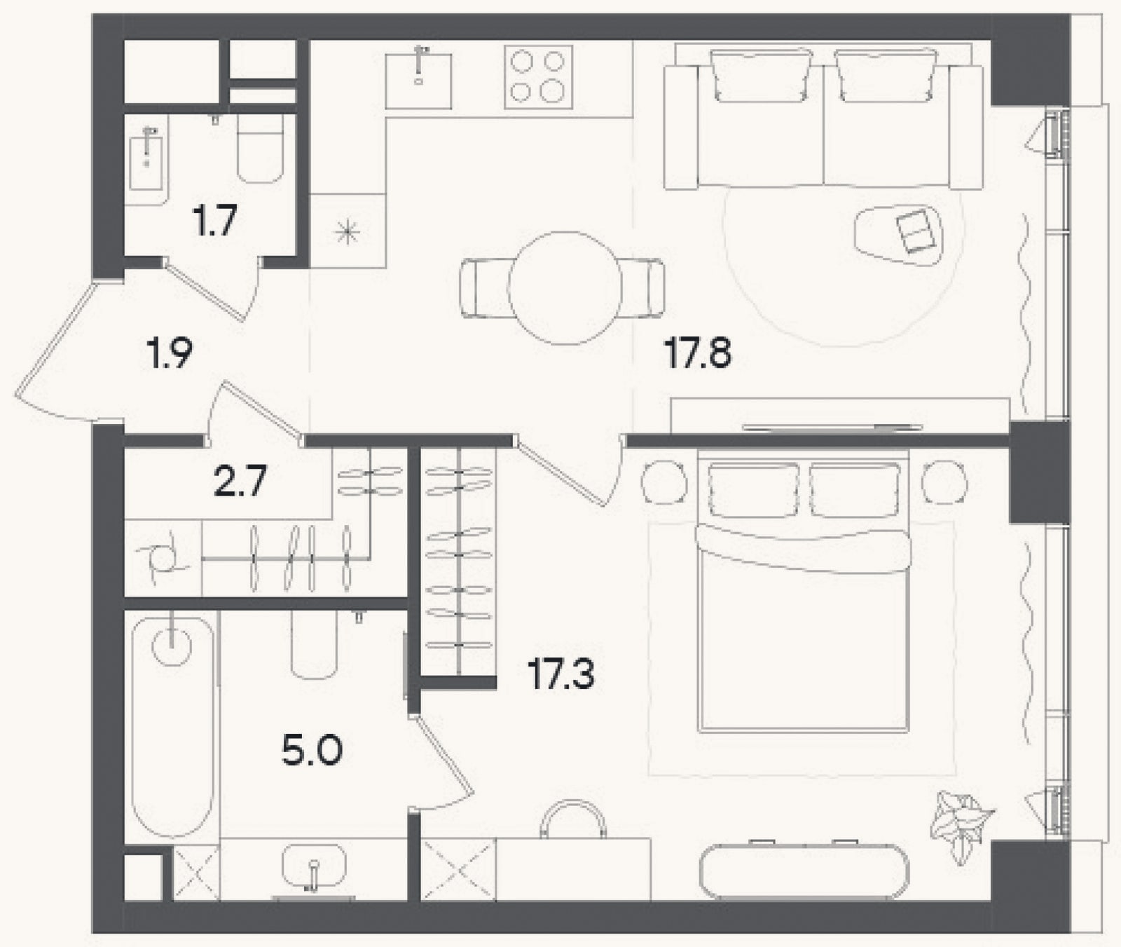 Планировка: 2-к, 46,4 м²