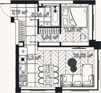 Планировка: 2-к, 47,9 м²