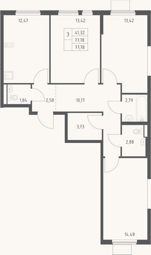 Планировка: 3-к, 77,8 м²