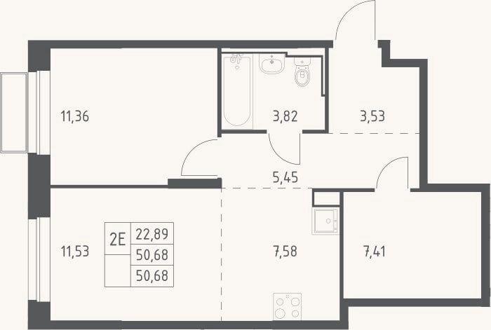 Планировка: 2-к, 50,7 м²
