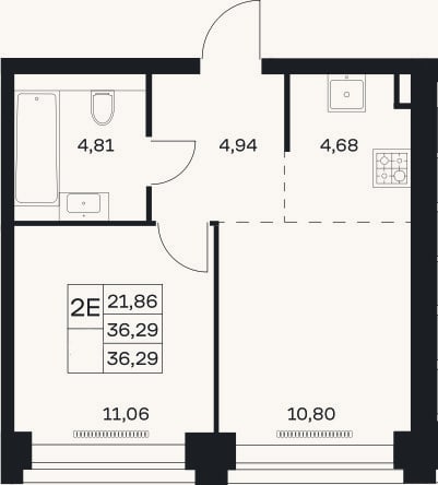 Планировка: 2-к, 36,3 м²
