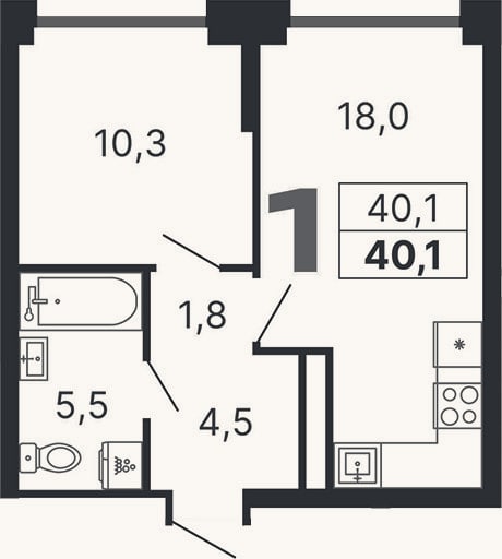 Планировка: 1-к, 40,1 м²