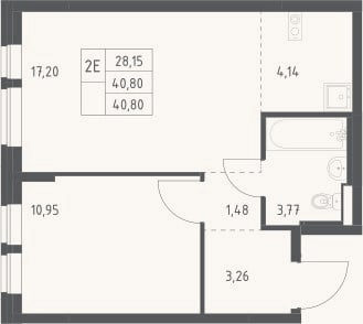 Планировка: 2-к, 40,8 м²