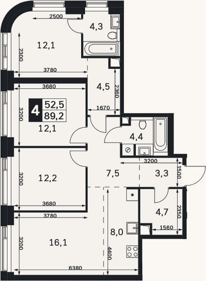 Планировка: 4+ к, 89,2 м²