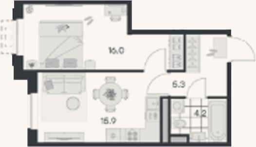 Планировка: 1-к, 41,4 м²