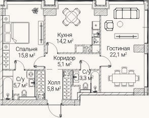 Планировка: 2-к, 71,8 м²