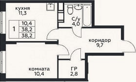 Планировка: 1-к, 38,2 м²