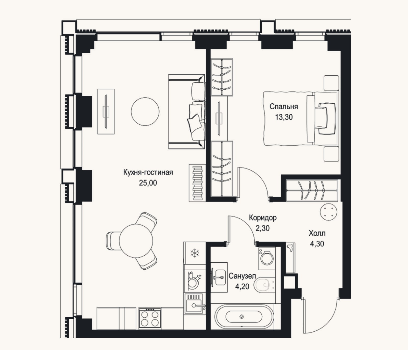 Планировка: 2-к, 49,1 м²