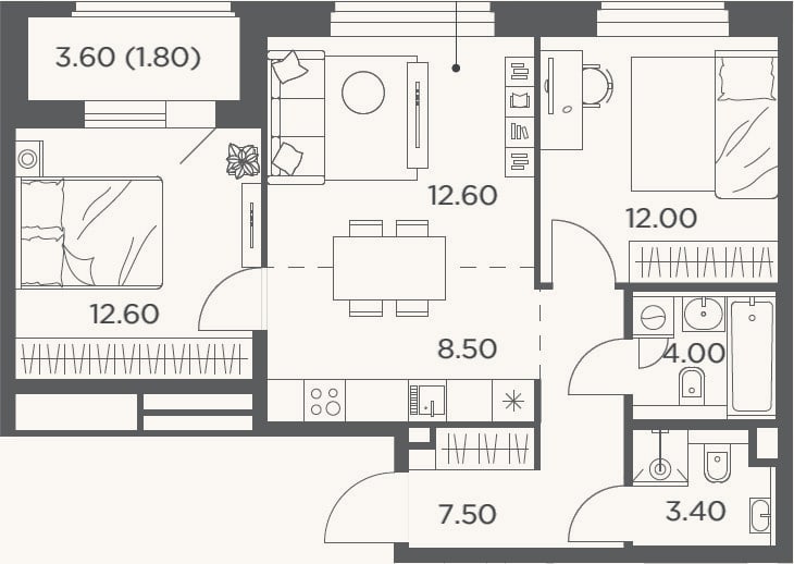 Планировка: 3-к, 60,6 м²