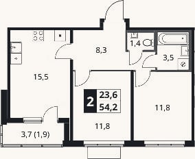 Планировка: 2-к, 52,3 м²