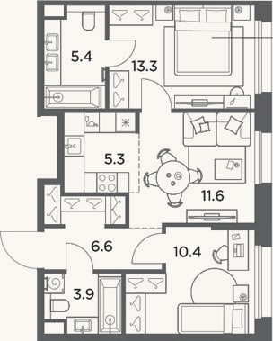 Планировка: 3-к, 56,5 м²
