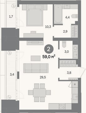 Планировка: 1-к, 53,9 м²