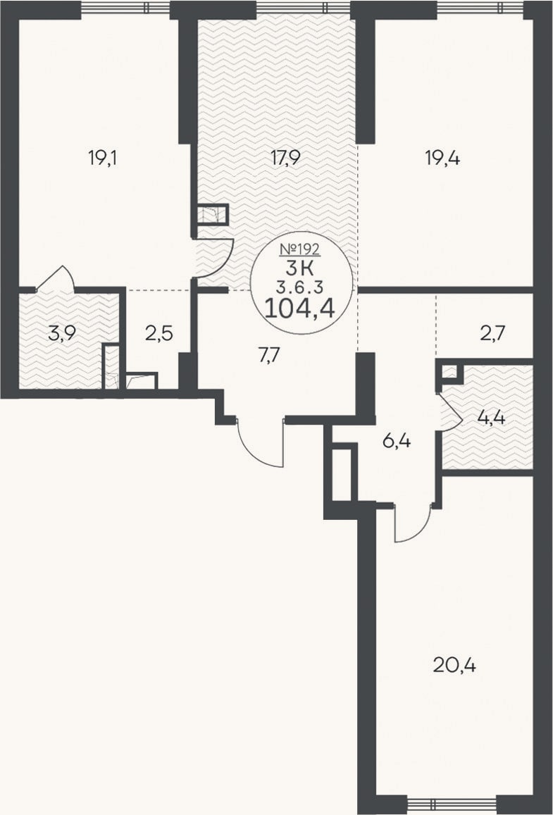 Планировка: 3-к, 104,4 м²