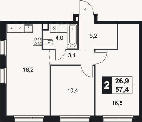 Планировка: 2-к, 57,4 м²