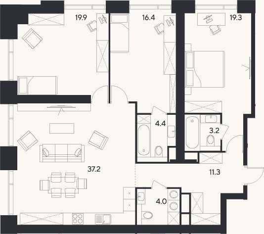Планировка: 4+ к, 115,7 м²