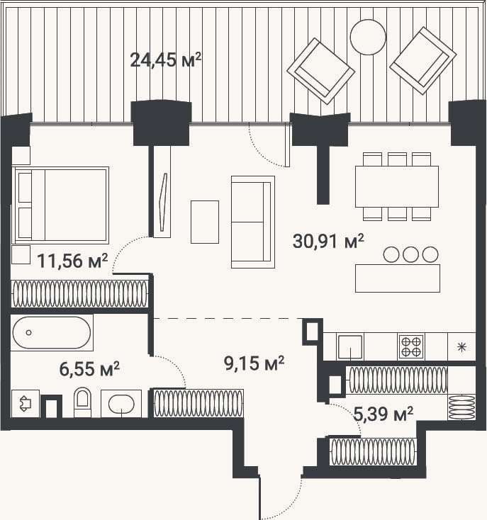 Планировка: 2-к, 62,4 м²