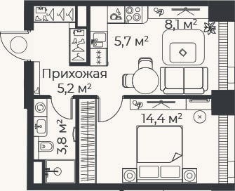 Планировка: 2-к, 37,2 м²