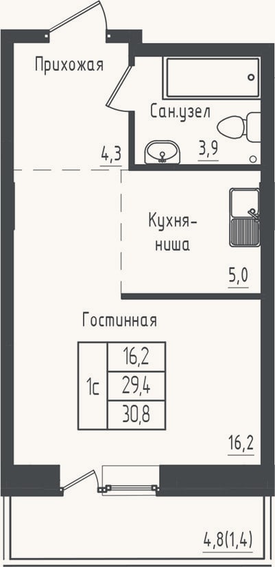 Планировка: Студия, 29,4 м²
