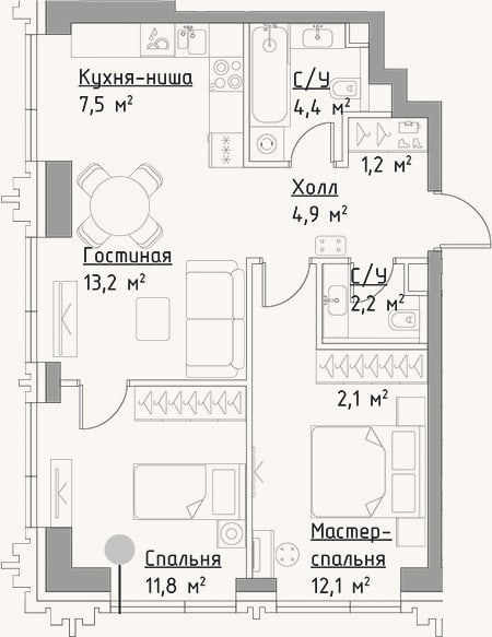 Планировка: 3-к, 59,4 м²