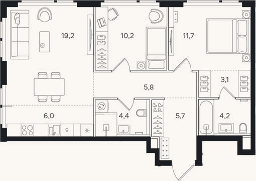 Планировка: 3-к, 70,3 м²
