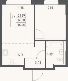 Планировка: 2-к, 34,7 м²
