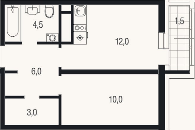 Планировка: 1-к, 35,5 м²