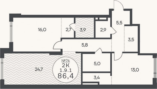 Планировка: 3-к, 86,4 м²