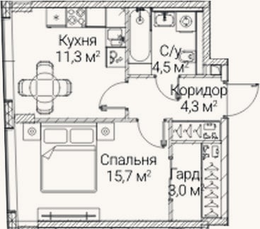 Планировка: 1-к, 38,8 м²